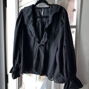 Free People dark charcoal, gray Ruffled Lace Blouse